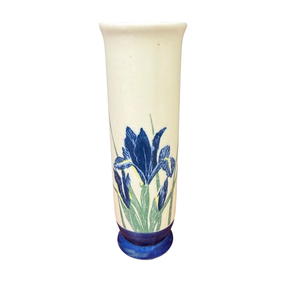 Vintage Otagiri Bud Vase Iris Pattern Ceramic Cream Blue 6.5" Japan Collector